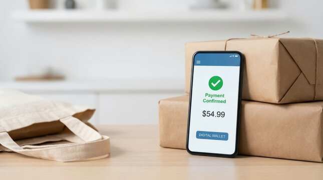 Smartphone displaying successful payment confirmation with cardboard delivery packages on table