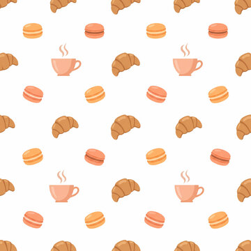 Minimalist sweet macarons coffee cups and flaky croissants on white seamless pattern background for cafe sticker sheet