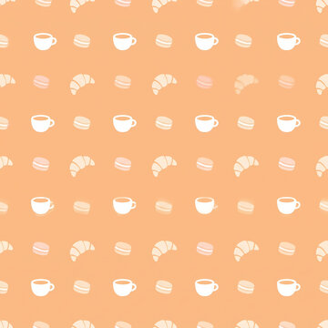 Minimalist pastel macarons takeaway coffee cups and croissants on soft apricot seamless pattern background for bakery packaging