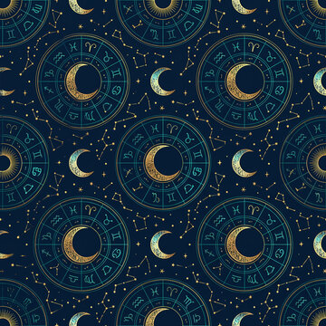 Opulent celestial night sky with crescent moons zodiac charts and star clusters on navy seamless pattern background for luxury wrap