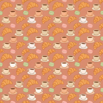 Artisan croissants takeaway coffee cups and sweet macarons on muted terracotta seamless pattern background for bakery branding