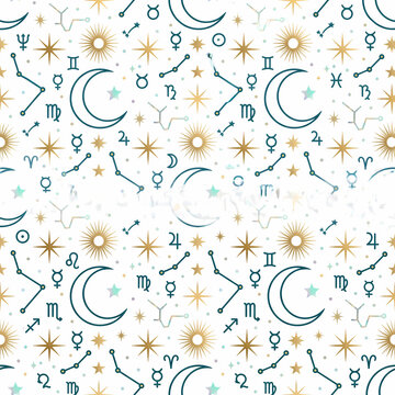 Dense celestial galaxy pattern with crescent moons astrology symbols and sunbursts on white seamless pattern background for wrap