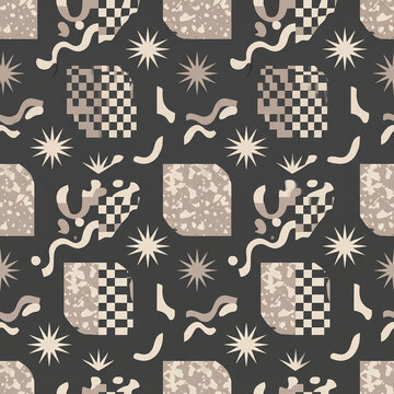 Scandinavian abstract geometry with groovy waves atomic starbursts and checkered tiles on charcoal seamless pattern background