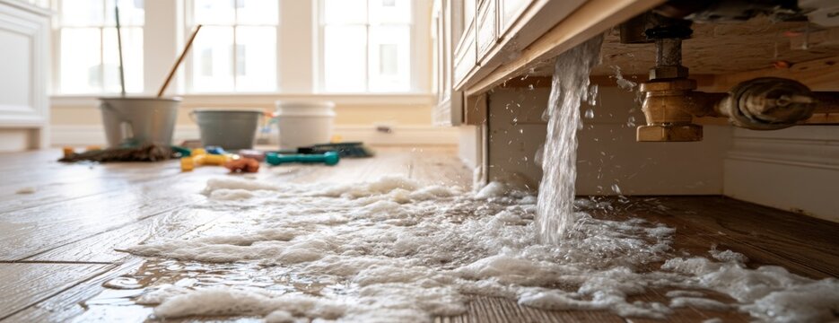 Water gushing from a damaged pipe onto a flooded wooden floor in kitchen