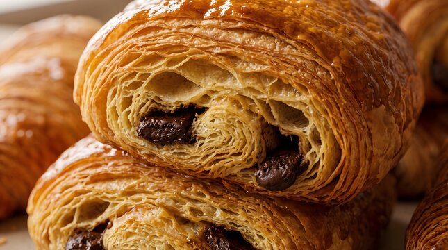 Freshly baked pain au chocolat with golden buttery flaky layers and melted dark chocolate filling shown in a macro view for bakery advertising and cafe menu marketing.