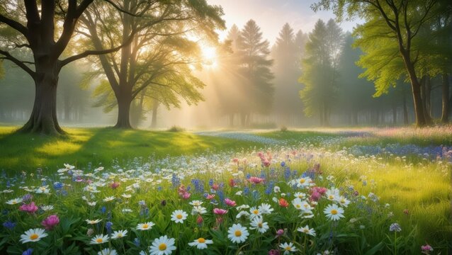 Softly blooming flowers fill the serene and peaceful glade against a gentle spring morning haze