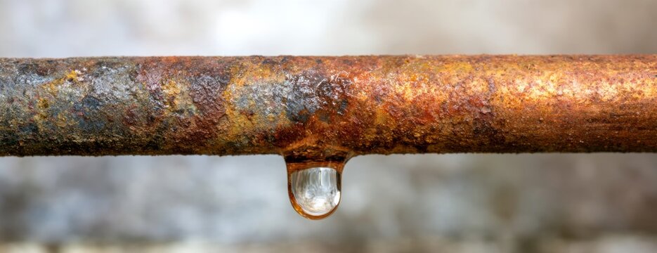 Rusty leaking pipe with water droplet forming in an industrial setting  