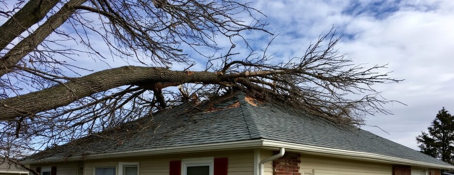 Fallen tree limb resting on a house roof after a storm  