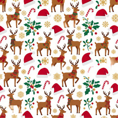 Obraz premium A cheerful and colorful seamless vector pattern featuring flat-design Christmas icons like reindeer, Santa hats, and candy canes. Ideal for wrapping paper, textiles, and backgrounds