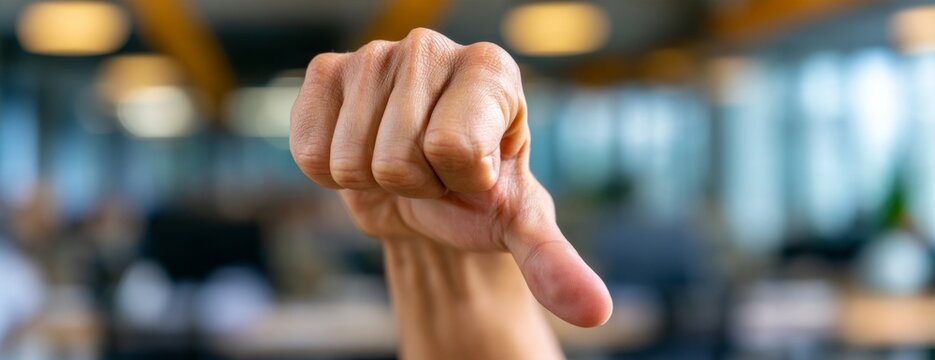 Business worker showing thumbs-down gesture in modern office  