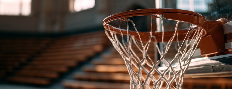Indoor basketball hoop with net in an empty gymnasium  
