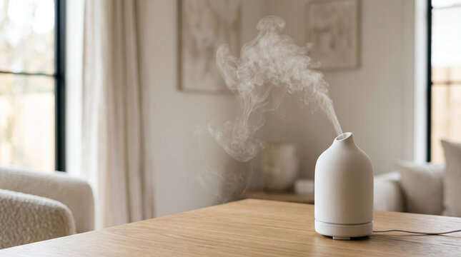 Minimalist white ceramic essential oil diffuser releasing mist in modern bright living room with copy space