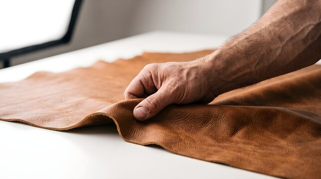 Male hand inspecting a premium piece of brown textured leather on a white studio table for high-quality craftsmanship and luxury leather goods manufacturing concept.