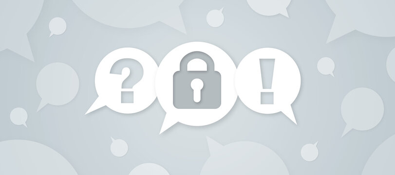 Digital graphic for a website FAQ section showing speech bubbles with question mark, padlock symbol, and exclamation mark icon. Perfect for privacy and support.