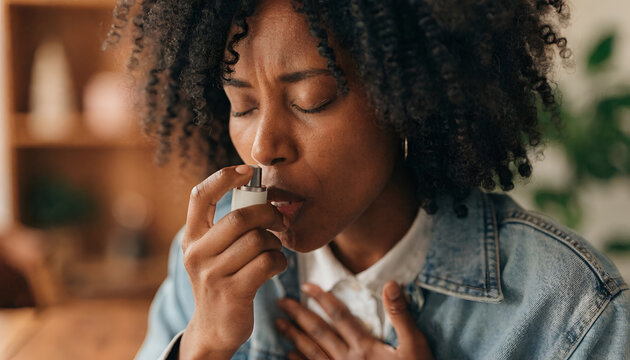 African American Woman Using an Inhaler for Asthma Treatment at Home