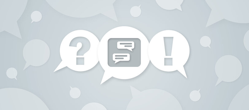 A web banner graphic featuring a central chat icon flanked by a question mark and exclamation mark speech bubble, designed for an FAQ section on a website