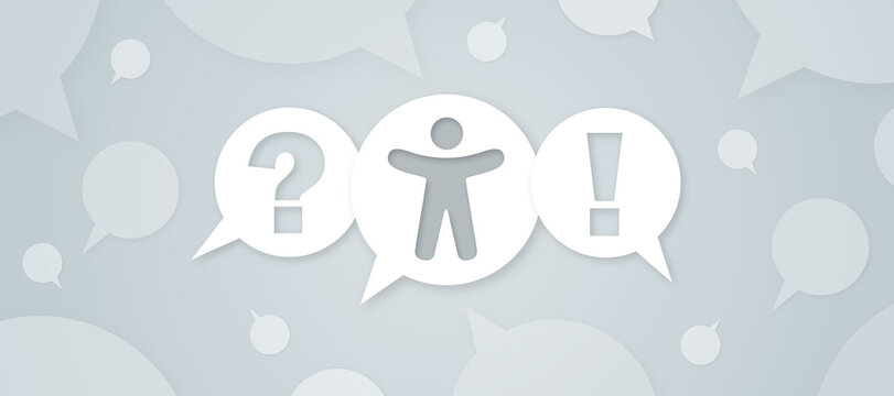 Graphic illustration for a website FAQ section featuring speech bubbles with a question mark, a human figure icon, and an exclamation mark on a light background.
