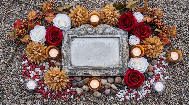 Top-down view of an empty stone tomb memorial plaque surrounded by red and white roses, chrysanthemums, and burning candles on a pebble ground for remembrance.