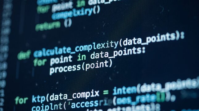 Close-up view of software developer programming code displayed on a computer screen, featuring functions for calculating data complexity and processing logic.