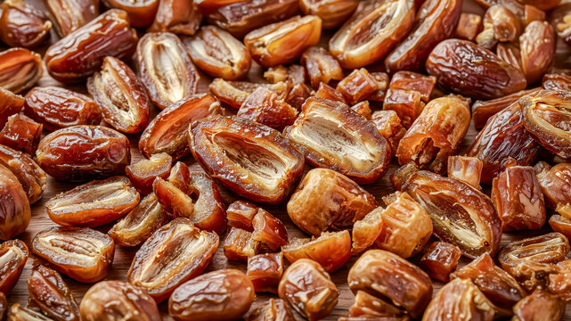 Fresh chopped and sliced date palm fruits background, sweet dried dates texture and pattern for food design