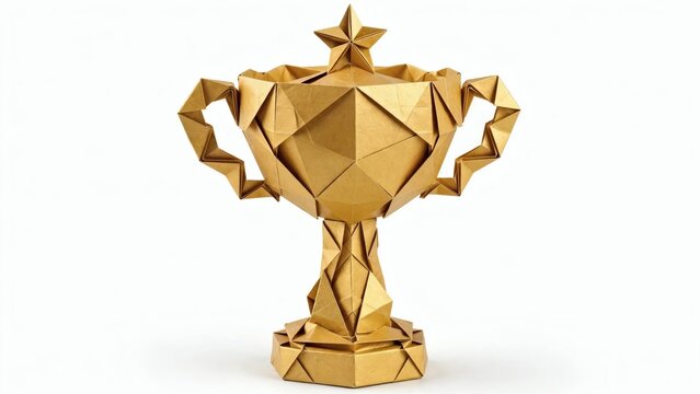 Professional 3D render of a golden origami style trophy award with a star on top isolated on a white background for success and achievement