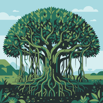 Flat vector illustration of a majestic banyan tree with intricate aerial roots and a dense green foliage canopy, showcasing a stylized tropical landscape in a minimalist graphic style.