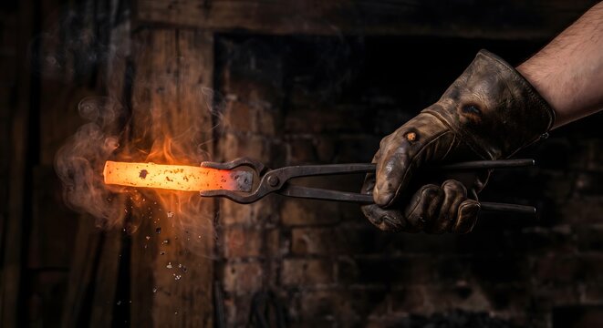 Close-up photograph of a single hand in a thick worn leather blacksmith glove gripping a pair of iron tongs that hold a glowing orange hot steel bar.
