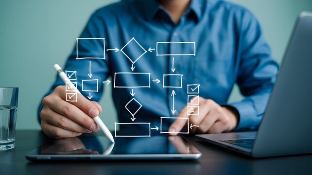 Businessman engaging with a digital tablet to illustrate and optimize complex business processes, symbolizing strategic planning, workflow management, and modern technology integration
