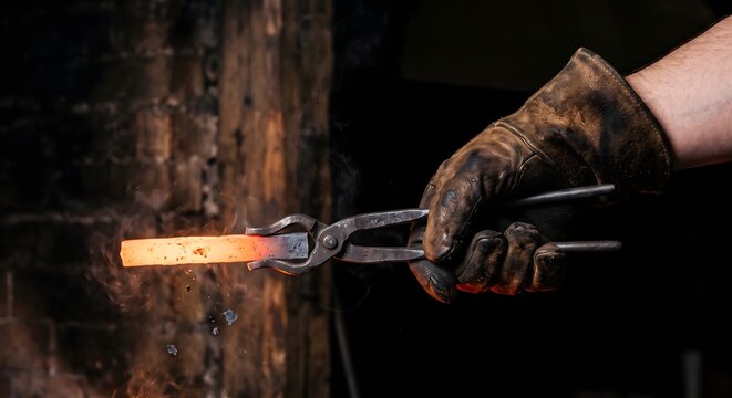 Close-up photograph of a single hand in a thick worn leather blacksmith glove gripping a pair of iron tongs that hold a glowing orange hot steel bar.