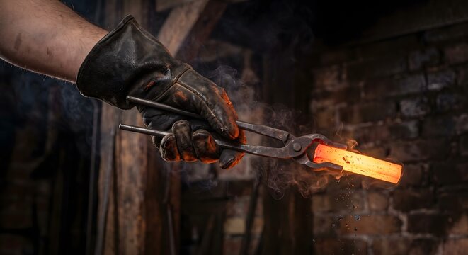 Close-up photograph of a single hand in a thick worn leather blacksmith glove gripping a pair of iron tongs that hold a glowing orange hot steel bar.