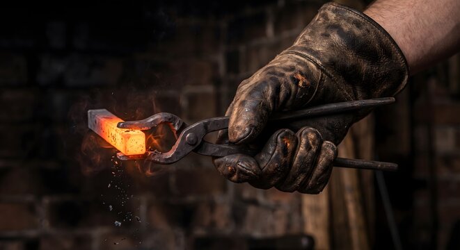 Close-up photograph of a single hand in a thick worn leather blacksmith glove gripping a pair of iron tongs that hold a glowing orange hot steel bar.