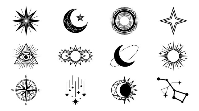 Mystical celestial vector icons and esoteric astrology symbols showcasing sun phase elements, crescent moon shapes and all seeing eye designs, concept for spiritual branding and modern alchemy art