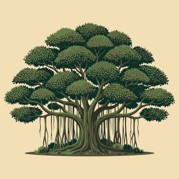 Large sprawling banyan tree with hanging aerial roots, flat vector illustration of a majestic ficus benghalensis botanical element isolated on plain background for nature and ecology concepts.