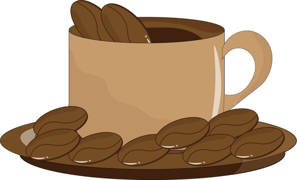 Aromatic Coffee Mug with Roasted Brown Coffee Beans on a Matching Saucer Illustration