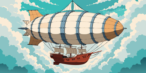 Anime Style Steampunk Airship Flying In The Sky Fantasy Adventure Concept For Travel And Exploration Projects © RisanRisan
