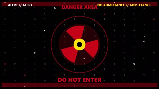Radiation hazard symbol with warning text and red warning lights on a dark background.
