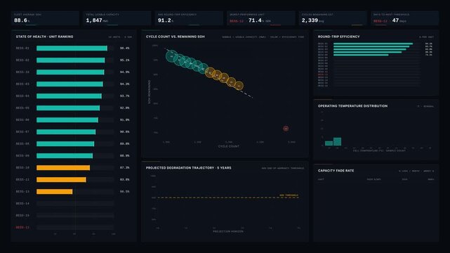 Explore a high-tech battery fleet health dashboard showcasing degradation, efficiency, and remaining capacity comparison with vibrant data visualizations in a dark-mode aesthetic.