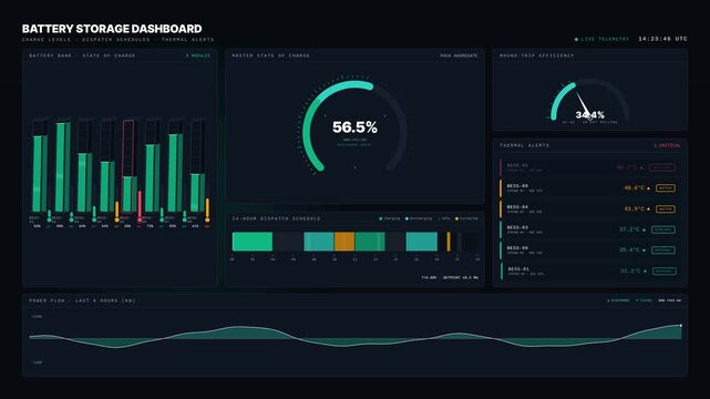 A futuristic battery storage dashboard displaying charge levels, dispatch schedules, and thermal alerts in vibrant colors and sleek design, emphasizing energy efficiency and safety monitoring.