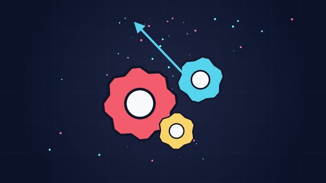Flat vector illustration of colorful mechanical gears with an upward pointing arrow representing business growth and technical development
