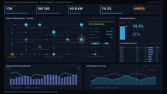 Modern electric vehicle charging dashboard showcasing station demand and local grid capacity with neon-blue accents and real-time analytics for smart city management.