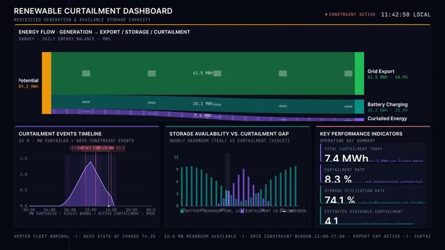 Explore the Renewable Curtailment Dashboard featuring a dark, strategic layout showcasing energy flow metrics, storage capacity, and curtailment events with vibrant color accents.