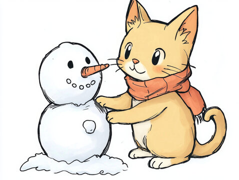 Cute cartoon orange cat in a scarf gently touches a snowman with a carrot nose, smiling on a clean white background