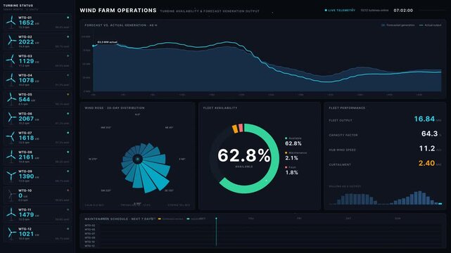 Cinematic dark wind farm operations dashboard displaying turbine availability and forecast generation output with animated graphics and detailed metrics in a sleek design.