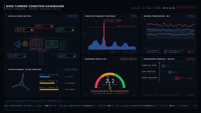Industrial wind turbine condition dashboard showcasing bearing temperatures, vibration analysis, and maintenance forecasts with detailed technical schematics and monitoring panels.