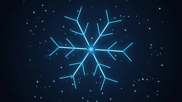 Glowing blue neon snowflake icon isolated on a dark starry winter background