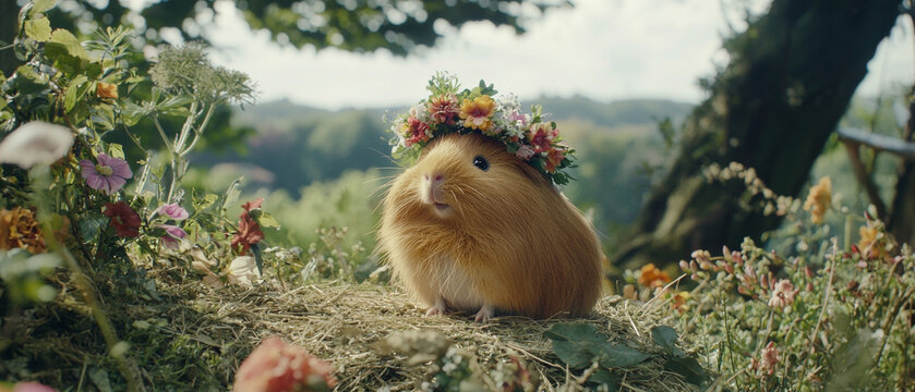 Cute guinea pig in a vibrant floral crown, resting on hay amidst garden flowers with a soft, green natural background