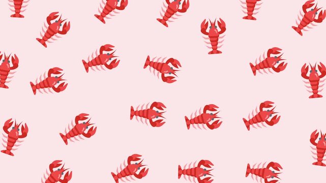 Abstract cute background featuring an animated seamless loop pattern of red lobsters on a soft pastel pink backdrop