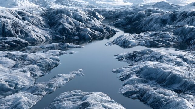 A serene glacial landscape with winding water channels and textured ice formations under soft natural light