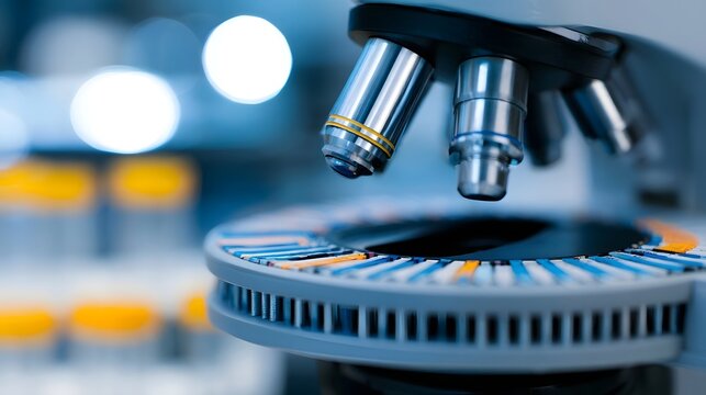 Close up of a modern microscope with multiple objective es focused over a circular sample stage in a laboratory setting