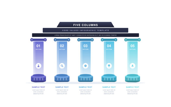 Five columns infographic with stepped roof, gradient shafts and drum bases for core values presentation